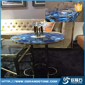 Luxury Blue Agate Slab Tile Semiprecious Stone Slabs Blue Agated Backlit Table Tops