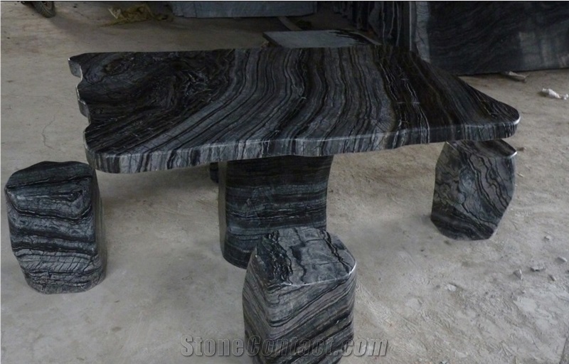 China Black Ancient Wood Grain Marble Indoor Tables & Chairs