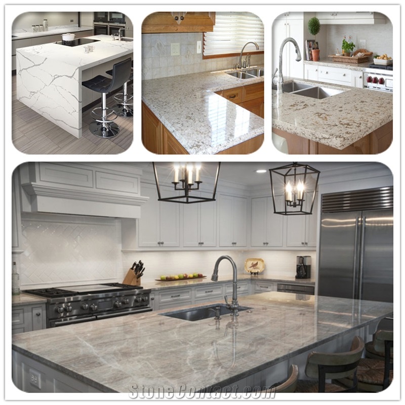 Manmade Quartz Stone White Slab for Countertop, Kitchen Countertops