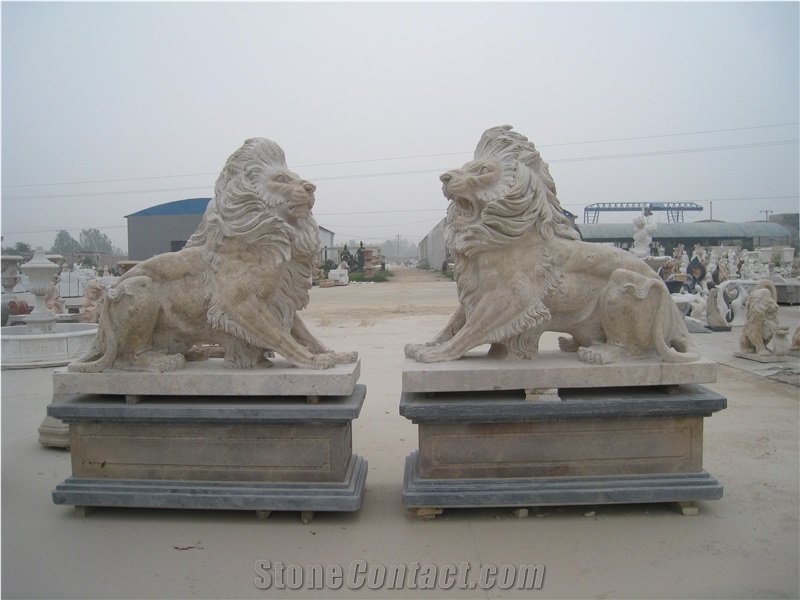 Beige Travertine Lion Statue with Pedestal