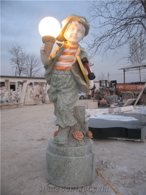 Hand Carved Marble Child Statue with Light