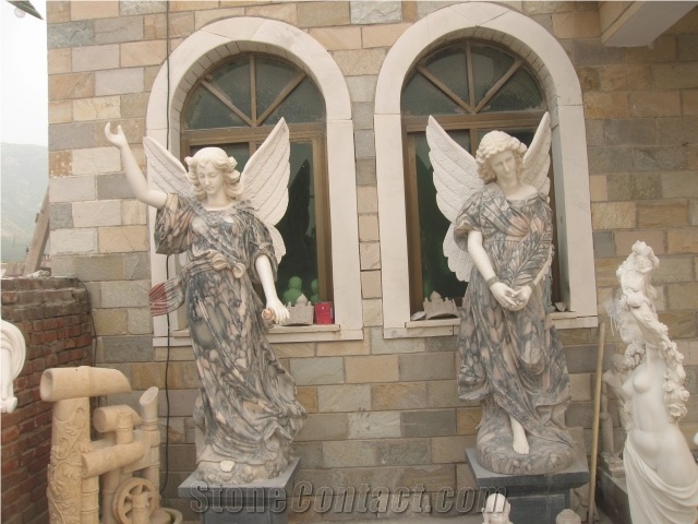 White and Pink Marble Angel Statue Sculpture Handcarved