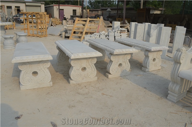 White Marble Bench with Sculpture