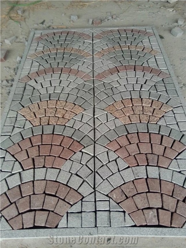 China Granite Cube Wtih Mesh, Cobble Stone on Mesh, Red Porphyry+G682+G603 Fan-Shape Granite Paving Stone with Net on the Back,