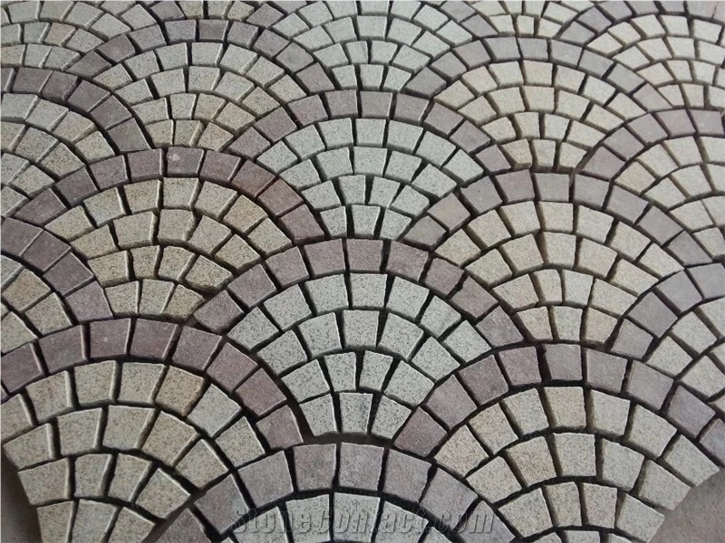 China Granite Cube Wtih Mesh, Cobble Stone on Mesh, Red Porphyry+G682+G603 Fan-Shape Granite Paving Stone with Net on the Back,
