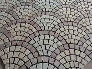 China Granite Cube Wtih Mesh, Cobble Stone on Mesh, Red Porphyry+G682+G603 Fan-Shape Granite Paving Stone with Net on the Back,