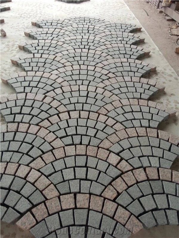China Granite Cube Wtih Mesh, Cobble Stone on Mesh, Red Porphyry+G682+G603 Fan-Shape Granite Paving Stone with Net on the Back,