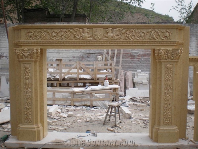 Sculptured Handcrafted Fireplace Mantel, Egyptian Yellow Fireplace