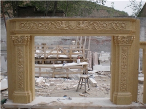 Sculptured Handcrafted Fireplace Mantel, Egyptian Yellow Fireplace Sculptured Handcrafted Fireplace Mantel, Egyptian Yellow Fireplace