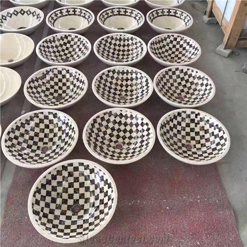 Marble Mosaic Sinks, Mosaic Round Wash Bowls, Round Bath Basin,Natural Stone Basin, Manmade Stone Sink