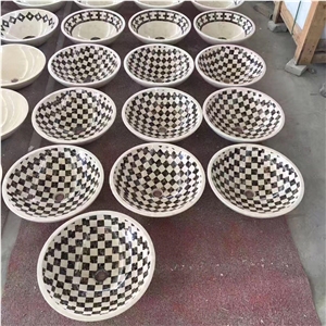 Marble Mosaic Sinks, Mosaic Round Wash Bowls, Round Bath Basin,Natural Stone Basin, Manmade Stone Sink