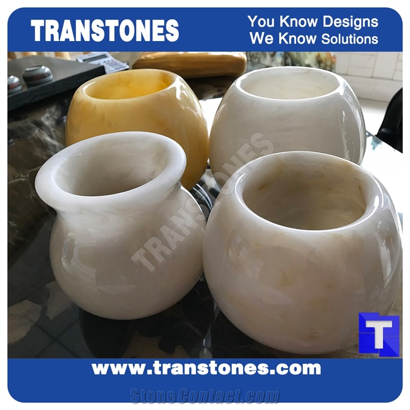 Polished Surface White Alabaster Lampshade with Translucent Resin Tile