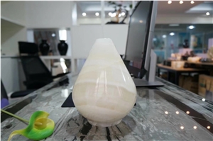 White Alabaster Stone Tranlucent Onyx Interior Round Vase,Polished Flower Pot for Home Decoration