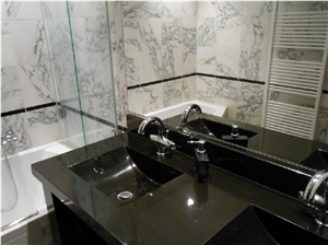 Black Granite Solid Vanity Bath Top, Arabescato Marble Wall Black Granite Solid Vanity Bath Top, Arabescato Marble Wall