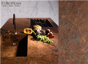 Red Malibu Granite Leathered Finish Kitchen Countertop
