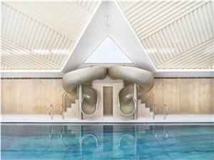 Beige Marble-Azul Macauba Quartzite Used in This State Of the Art Pool