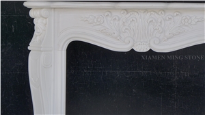 China Han White Marble Fireplace Mantel Handcarved Flower Sculpture,Snow White Fireplace Hearth for Interior Stone
