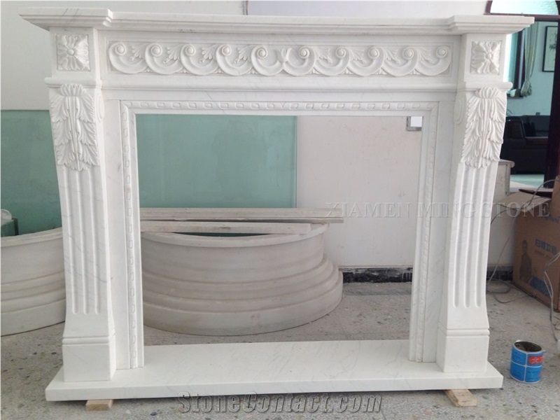 Pure Snow Marble Honed Flower Design Handcarved Fireplace Mantel