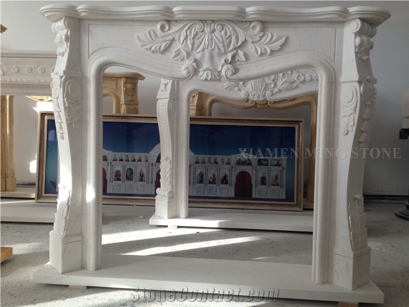 Pure Snow Marble Honed Flower Design Handcarved Fireplace Mantel