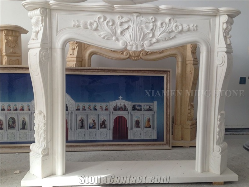Pure Snow Marble Honed Flower Design Handcarved Fireplace Mantel