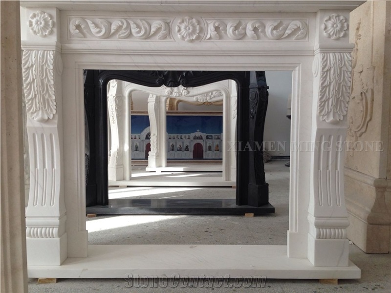 Pure Snow Marble Honed Flower Design Handcarved Fireplace Mantel