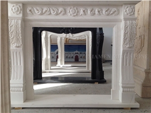 Pure Snow Marble Honed Flower Design Handcarved Fireplace Mantel