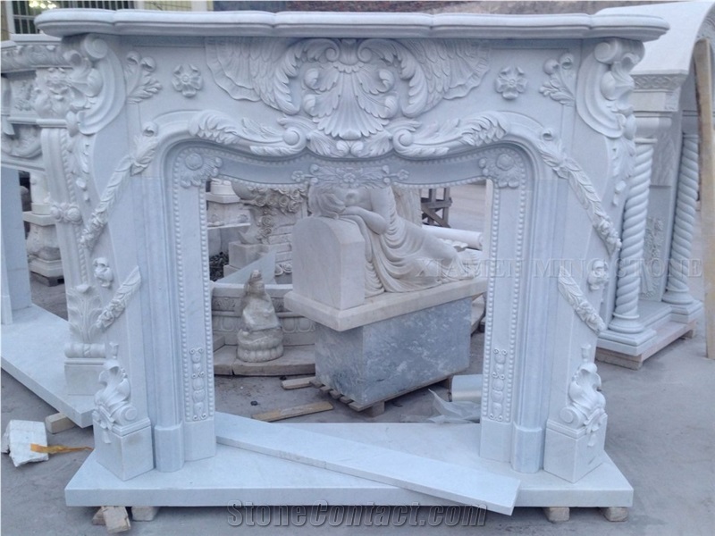 White Marble Modern Design Fireplace Hearth Interior Hand Carving