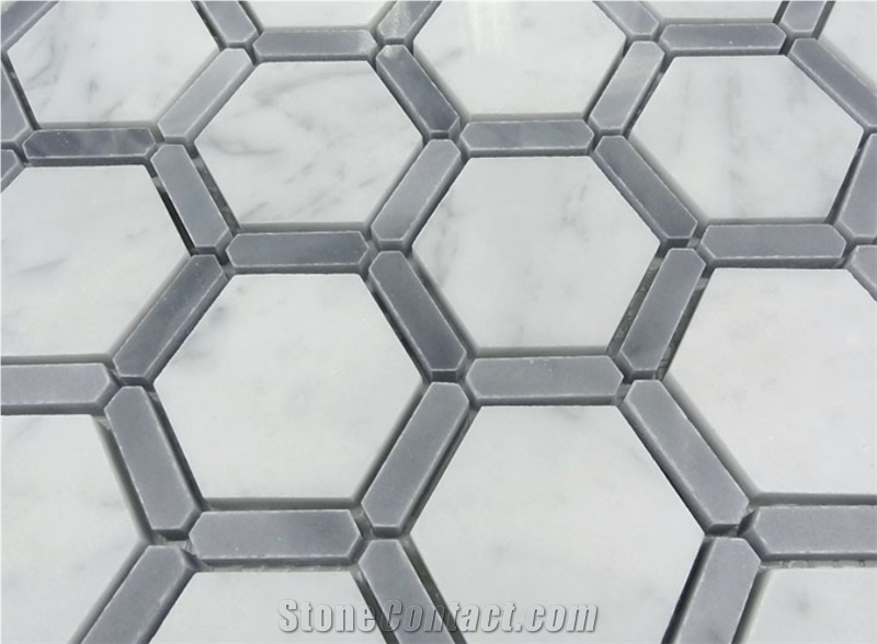 Carrara White Hexagon with Italy Grey Frame Mosaic,Marble Mosaic,Floor