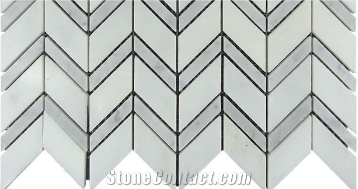China White and Carrara White Marble Chevron Shaped Mosaic Floor Tile