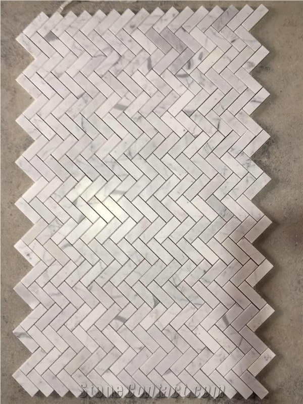 China White and Carrara White Marble Chevron Shaped Mosaic Floor Tile