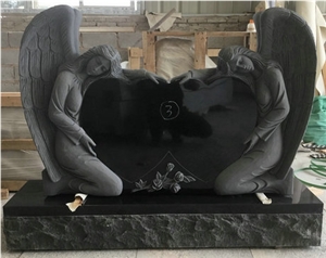 Beautiful Shanxi Black Granite Tombstone with Double Angels and Hearts