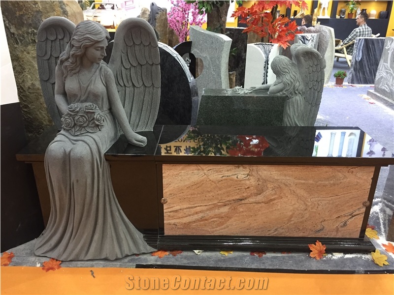 China Black Granite Bench for Tombstone Custom Angel Bench Monument Headstone Bench Designs for Cemetery