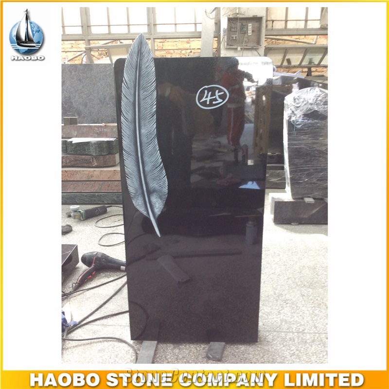 China Black Granite Tombstone Feather Tombstone Design Single Upright Monument Western Style Tombstones