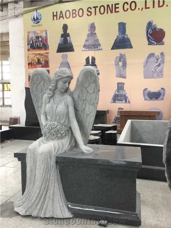 Padang Dark Tombstone Bench China Grey Granite Angel Bench Gravestone for Cemetery Headstone Monument