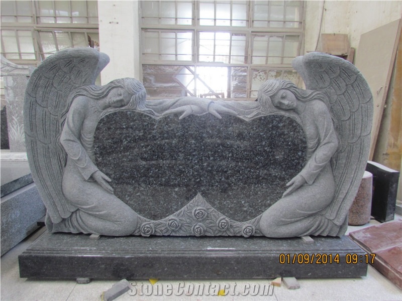 Tombstone Design Blue Pearl Double Angel Monuments Heart Tombstones