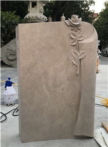Tombstone & Monument,Beige Marble Carving Headstone Rose Carving