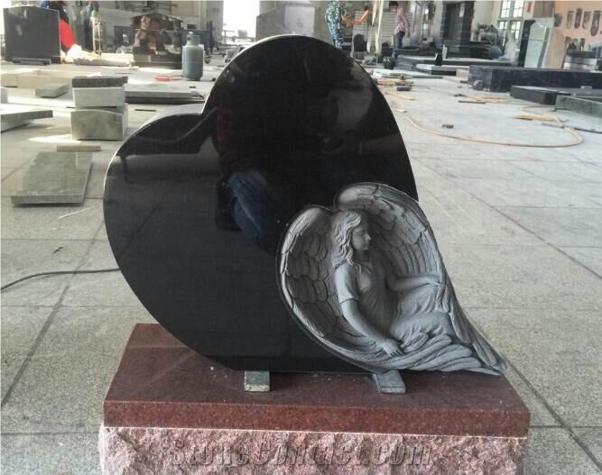 Wholesale Shanxi Black Heart Shape with Angel Carving,India Red Base China Professional Stone Monument Manufactory More Than 17 Years Experience