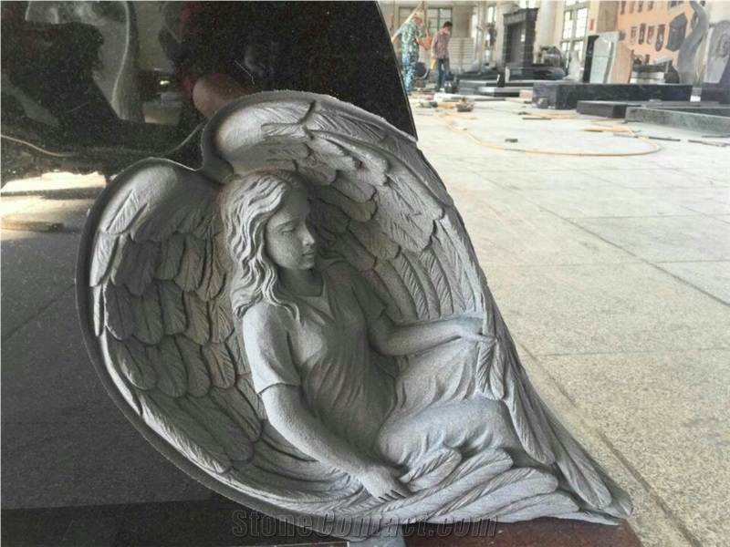 Wholesale Shanxi Black Heart Shape with Angel Carving,India Red Base China Professional Stone Monument Manufactory More Than 17 Years Experience