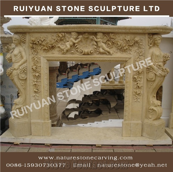 Brown Limestone Fireplace Sculpture Mantel Statue