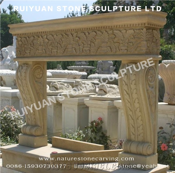 Limestone Fireplace Mantel Sculpture Statue Mantel Handcarved