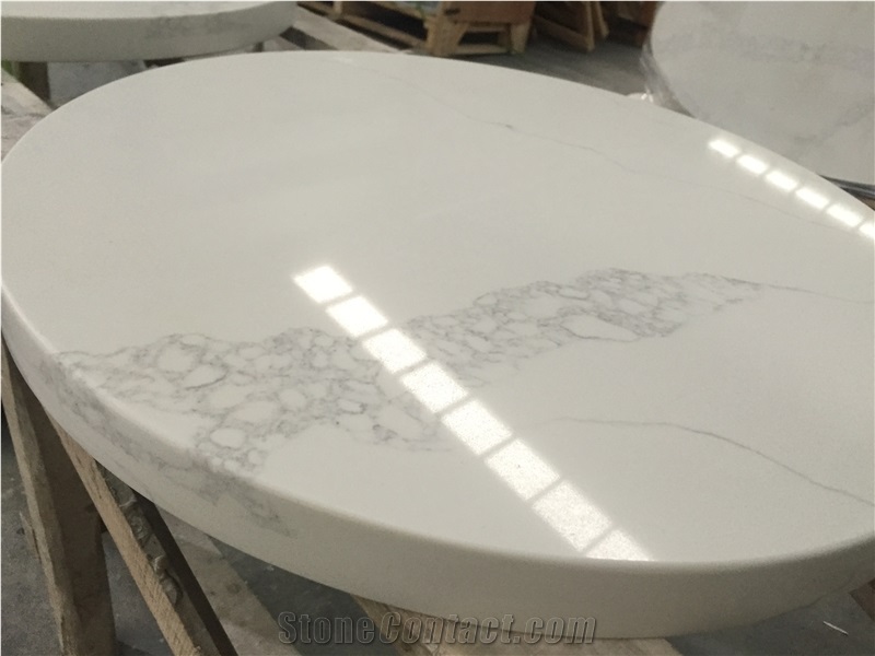 Polished Calacatta White Quartz-V130-2-Round Top
