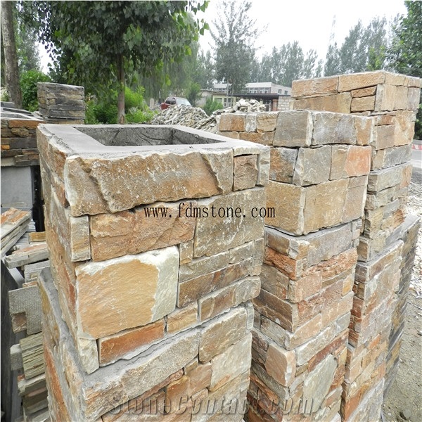 Duplex Villa Gate Slate Stone Column Wraps,Cement Slate Cultured Stone Pillars，Beige Colour Cement Back Slate Panels Ledge Stone Wall Tiles