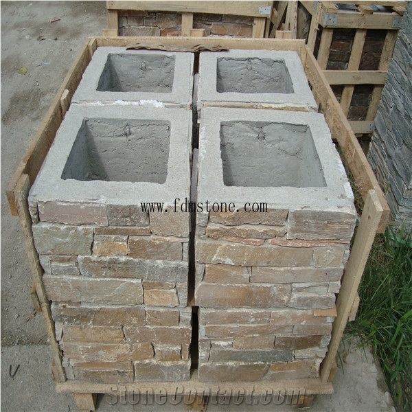 Duplex Villa Gate Slate Stone Column Wraps,Cement Slate Cultured Stone Pillars，Beige Colour Cement Back Slate Panels Ledge Stone Wall Tiles