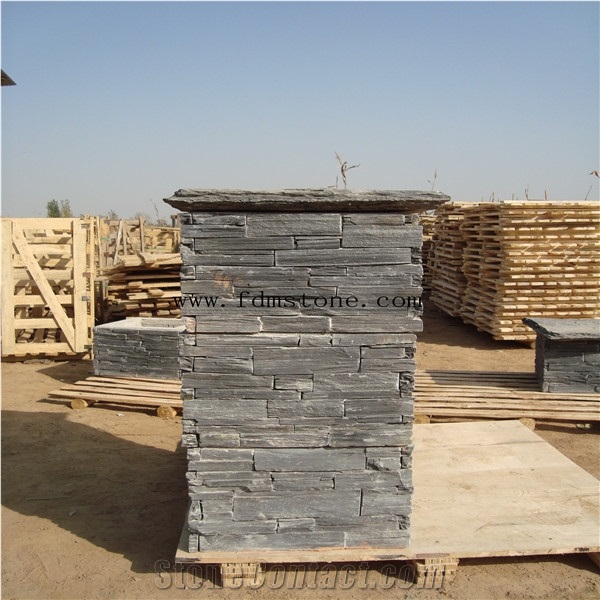 Duplex Villa Gate Slate Stone Column Wraps,Cement Slate Cultured Stone Pillars，Beige Colour Cement Back Slate Panels Ledge Stone Wall Tiles