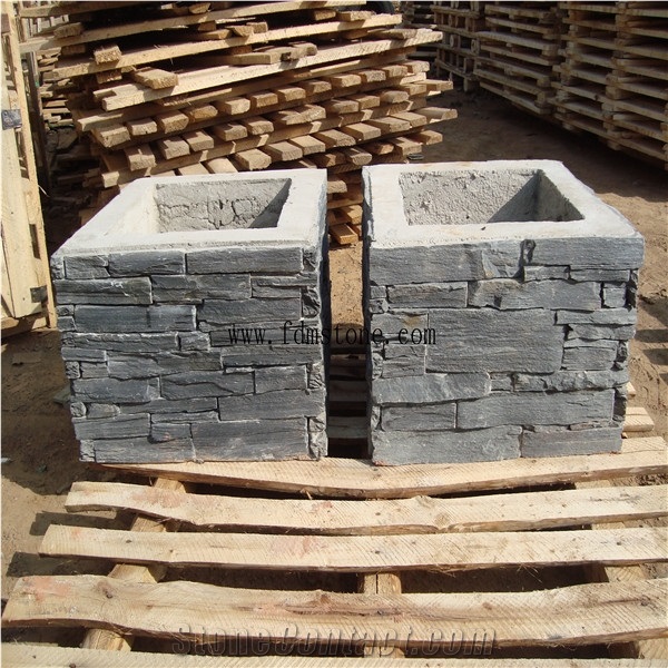 Duplex Villa Gate Slate Stone Column Wraps,Cement Slate Cultured Stone Pillars，Beige Colour Cement Back Slate Panels Ledge Stone Wall Tiles