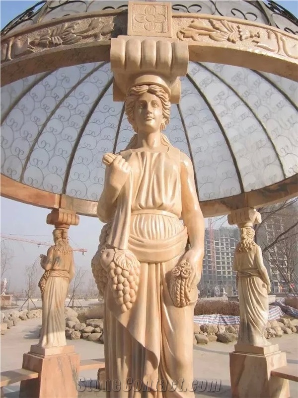 Hand Carved Cloud Pink Marble Gazebo Backyard Pergola with Dome