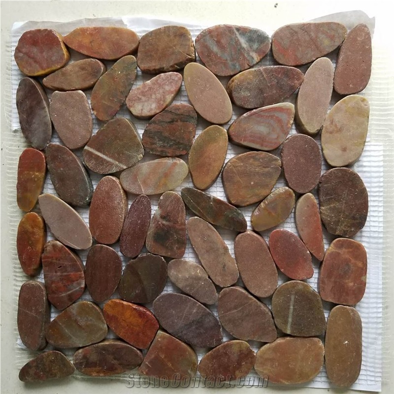 Dark Red Sliced Pebble Mosaic Tile/Natural River Stone Mosaic for Wall Covering&Flooring/Pebble Mosaic in Mesh/Double Surface Cut Pebble Mosaic/Pebble Mosaic for Bathroom&Kitchen/Interior Decoration
