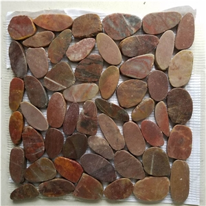 Dark Red Sliced Pebble Mosaic Tile/Natural River Stone Mosaic for Wall Covering&Flooring/Pebble Mosaic in Mesh/Double Surface Cut Pebble Mosaic/Pebble Mosaic for Bathroom&Kitchen/Interior Decoration