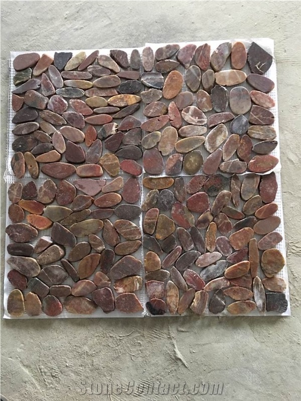 Dark Red Sliced Pebble Mosaic Tile/Natural River Stone Mosaic for Wall Covering&Flooring/Pebble Mosaic in Mesh/Double Surface Cut Pebble Mosaic/Pebble Mosaic for Bathroom&Kitchen/Interior Decoration