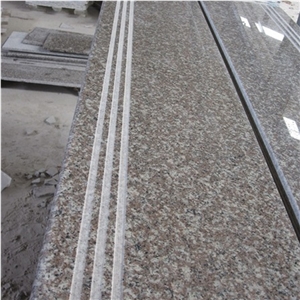 China G664 Pink, Brown Granite, Porrino/Luoyuan Red Cheap Granite in Stair Steps with Anti Slip, Bullnose Round Long Edge, Treads and Risers